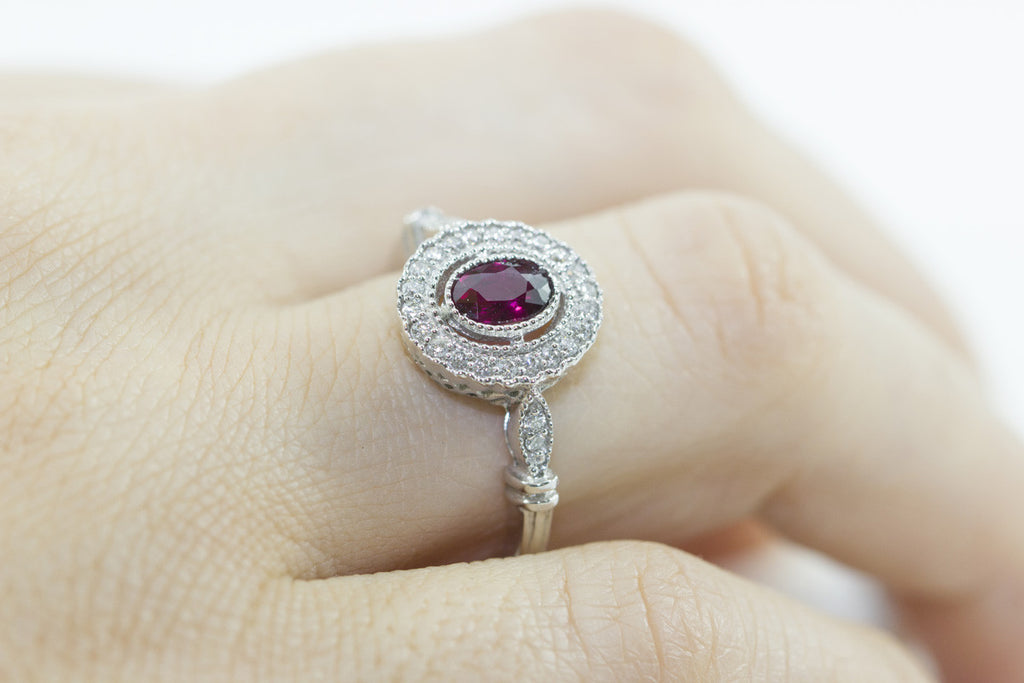 Ruby and Diamond Halo 18K White Gold Ring - OUT OF STOCK