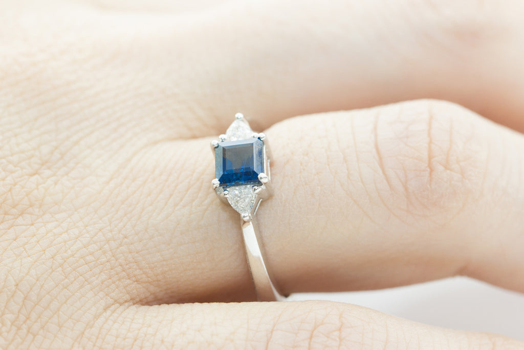 Princess Cut Blue Sapphire and Diamond 18K White Gold Ring - OUT OF STOCK