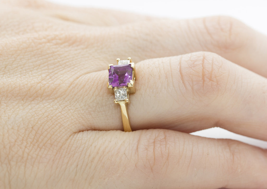 Princess Cut Amethyst and Diamond 18K Yellow Gold Ring - OUT OF STOCK