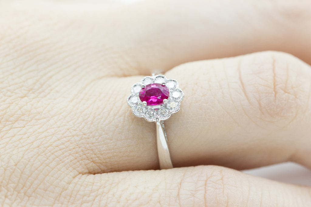 Ruby and Diamond Cluster 18K White Gold Ring