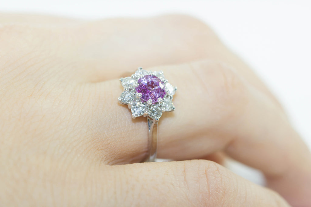 Pink Sapphire and Diamond Cluster 18K White Gold Ring