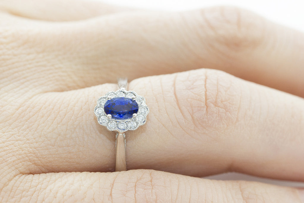 Blue Sapphire and Diamond Halo 18K White Gold Ring - OUT OF STOCK