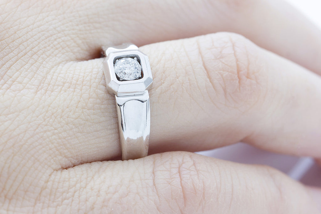 Wide Banded Diamond Solitaire 18K White Gold Ring - OUT OF STOCK