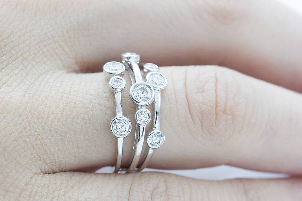 Three Roll Bubble Diamond 18K White Gold Ring