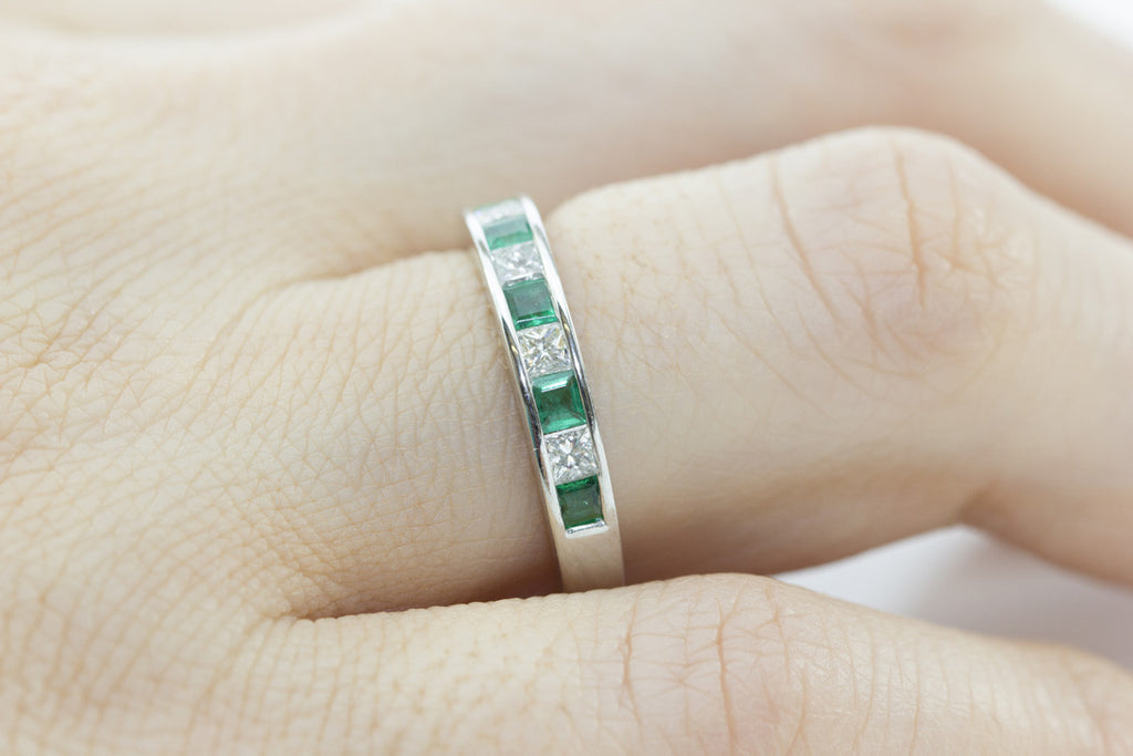 Half Eternity Channel Set Emerald and Diamond 18K White Gold Ring - OUT OF STOCk