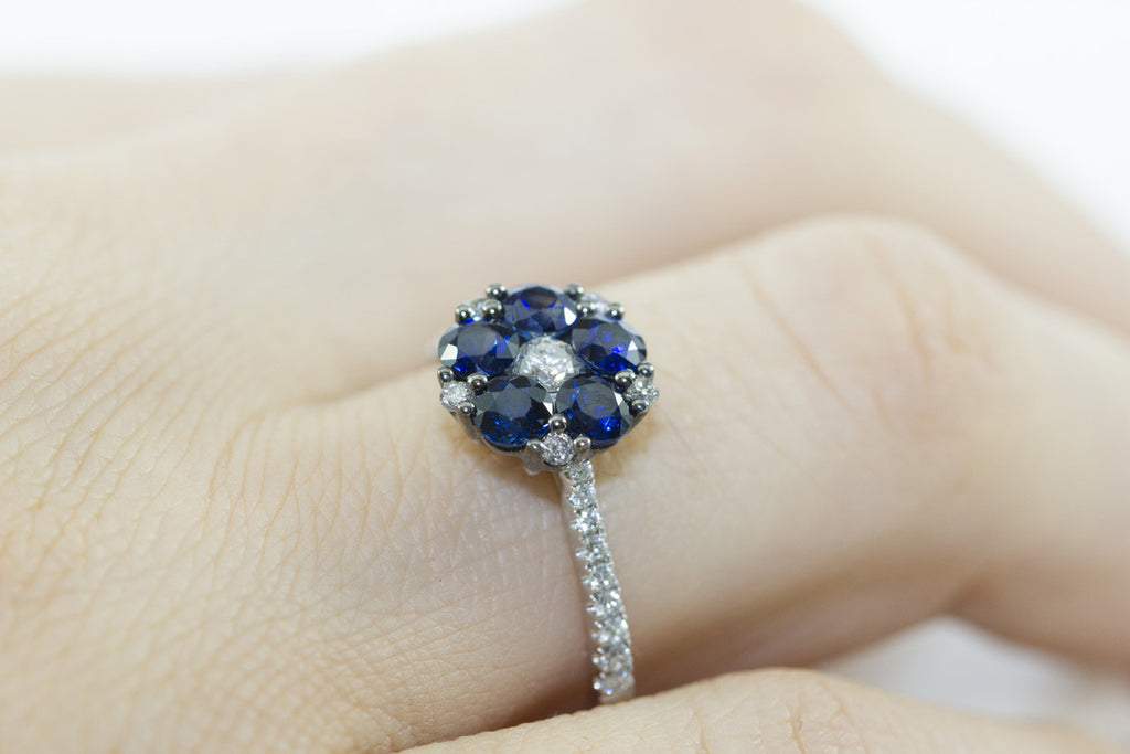 Blue Sapphire and Diamond Flower 18K White Gold Ring