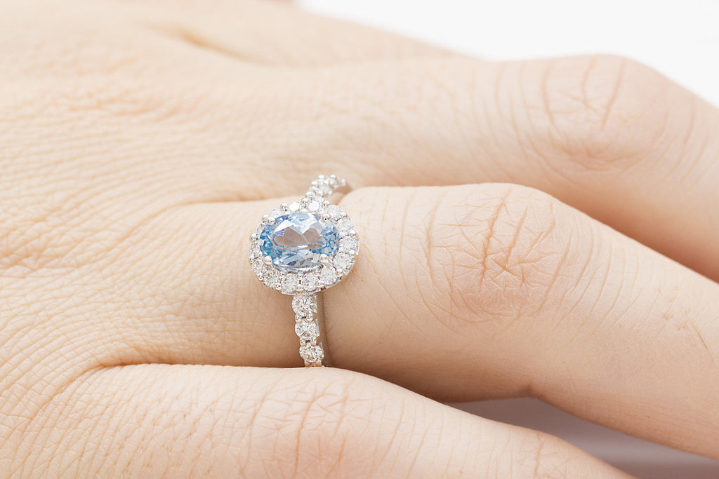 Aquamarine and Diamond Halo 18K White Gold Ring