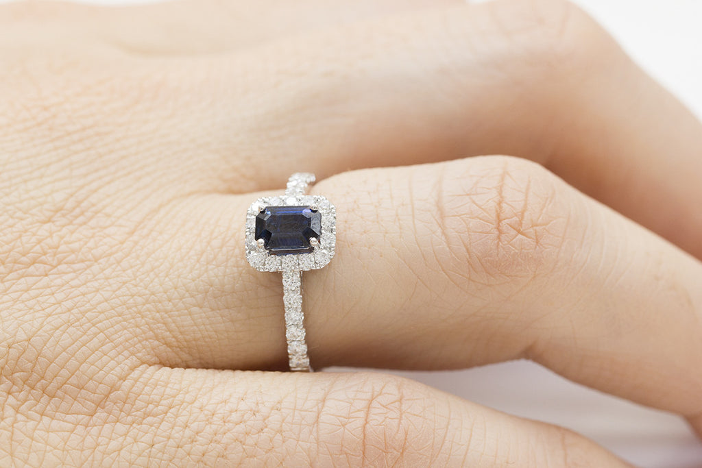 Emerald Cut Blue Sapphire and Diamond Halo 18K White Gold Ring - OUT OF STOCK