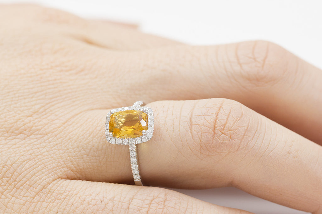 Rectangular Cut Citrine and Diamond Halo 18K White Gold Ring
