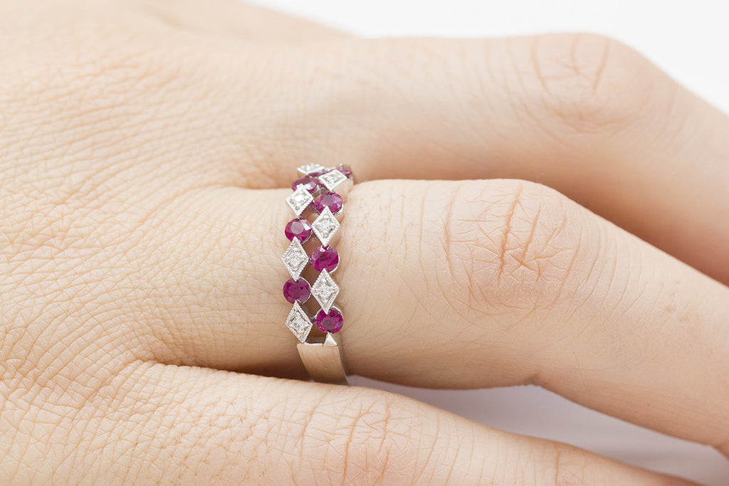 Two Row Ruby and Diamond 18K White Gold Ring