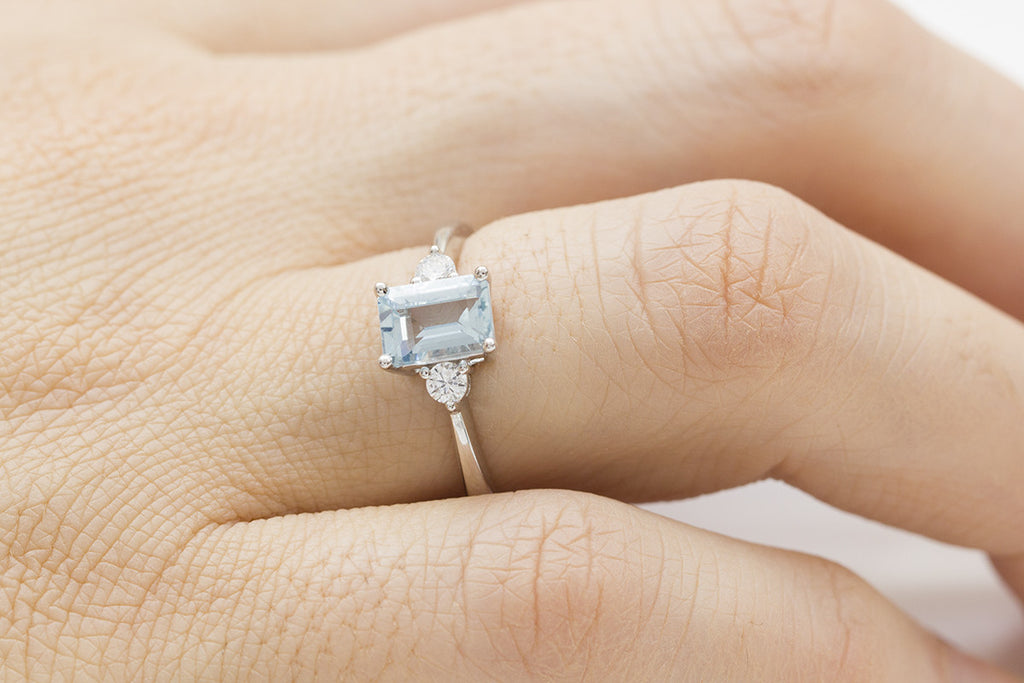 Baguette Cut Aquamarine and Diamond 18K White Gold Ring