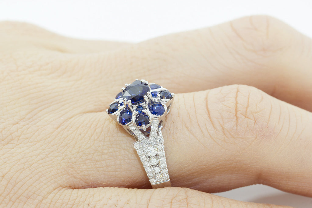 Blue Sapphire and Diamond Fancy 18K White Gold Ring