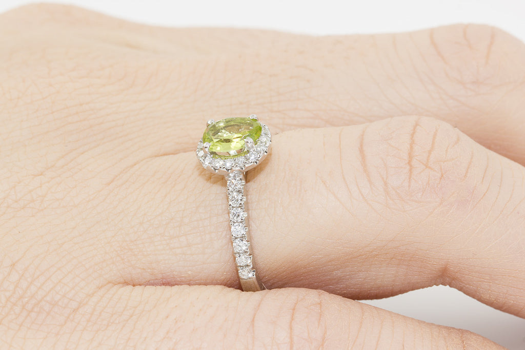 Peridot and Diamond Halo 18K White Gold Ring