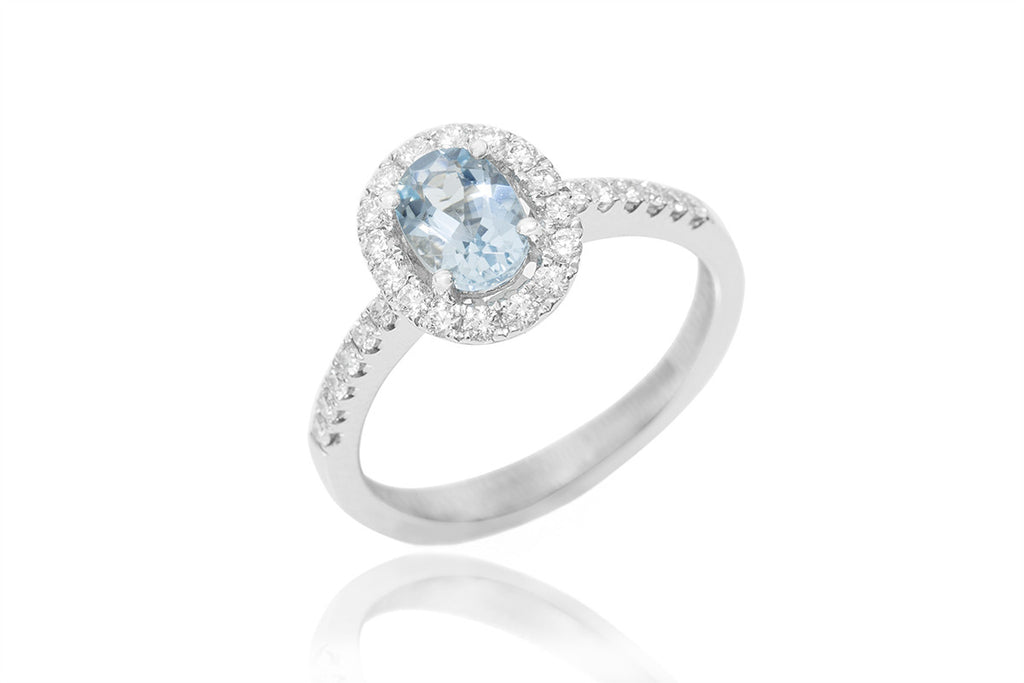 Aquamarine and Diamond Halo 18K White Gold Ring
