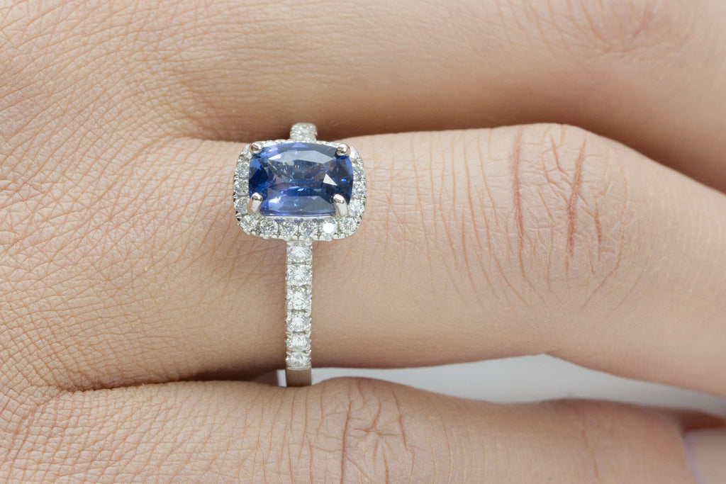 Blue Sapphire and Diamond Halo 18K White Gold Ring