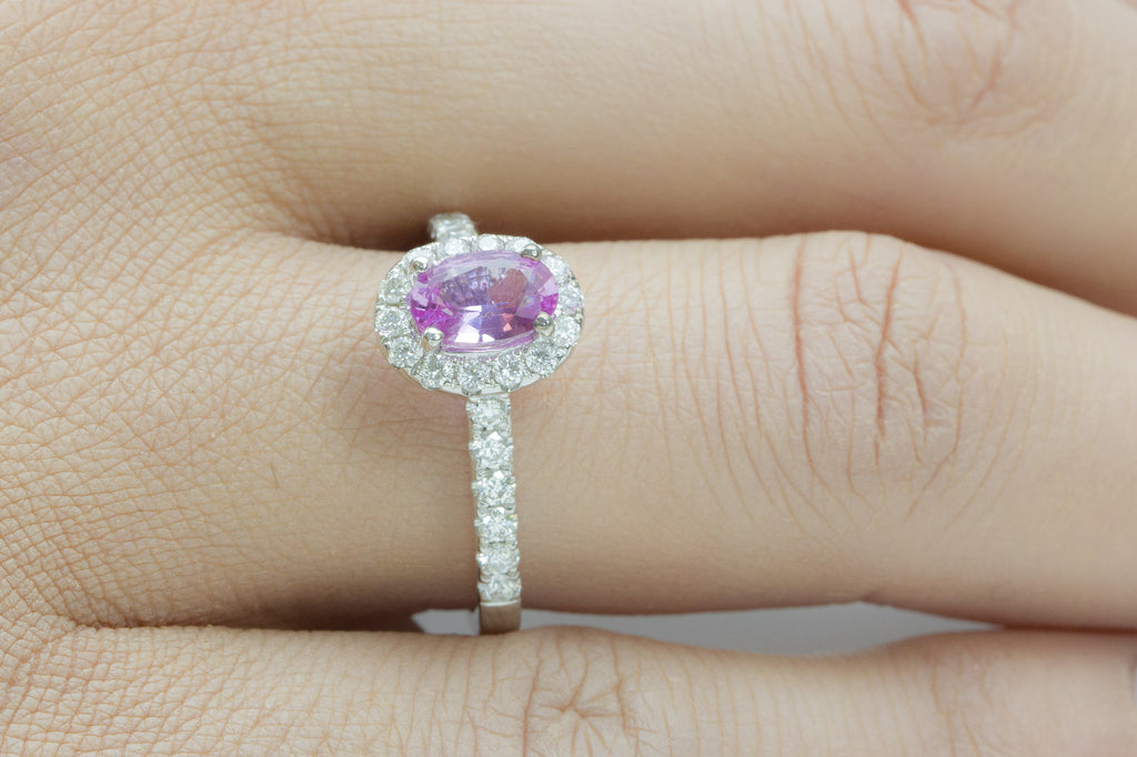 Pink Sapphire and Diamond Halo 18K White Gold Ring - OUT OF STOCK