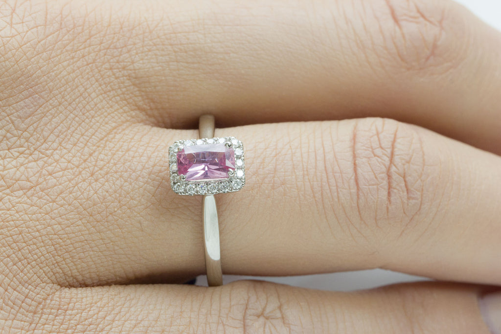 Pink Sapphire and Diamond Square Halo 18K White Gold Ring - OUT OF STOCK