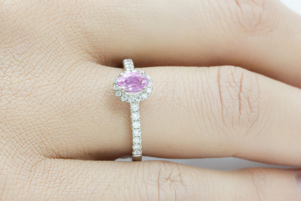 Pink Sapphire and Diamond Halo 18K White Gold Ring - OUT OF STOCK