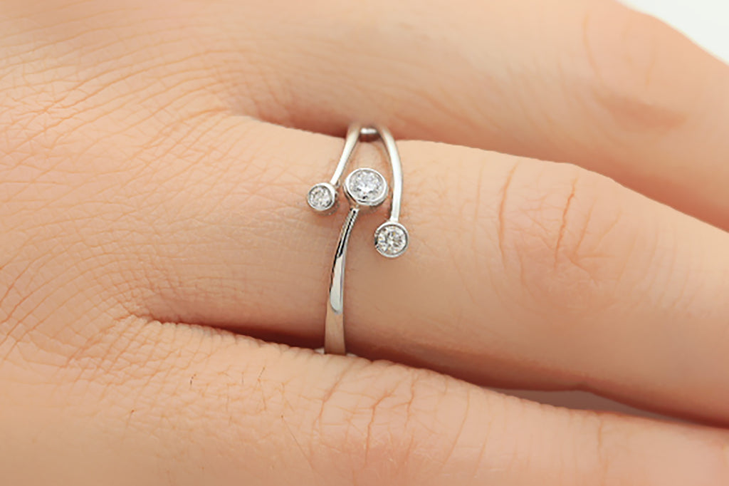 Three Stone Donut Diamond 18K White Gold Ring
