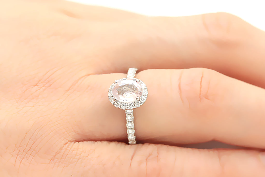 Pink Sapphire and Diamond Oval Halo 18K White Gold Ring