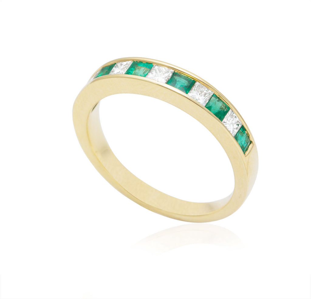 Emerald and Diamond Half Eternity Channel Set 18K Yellow Gold Ring