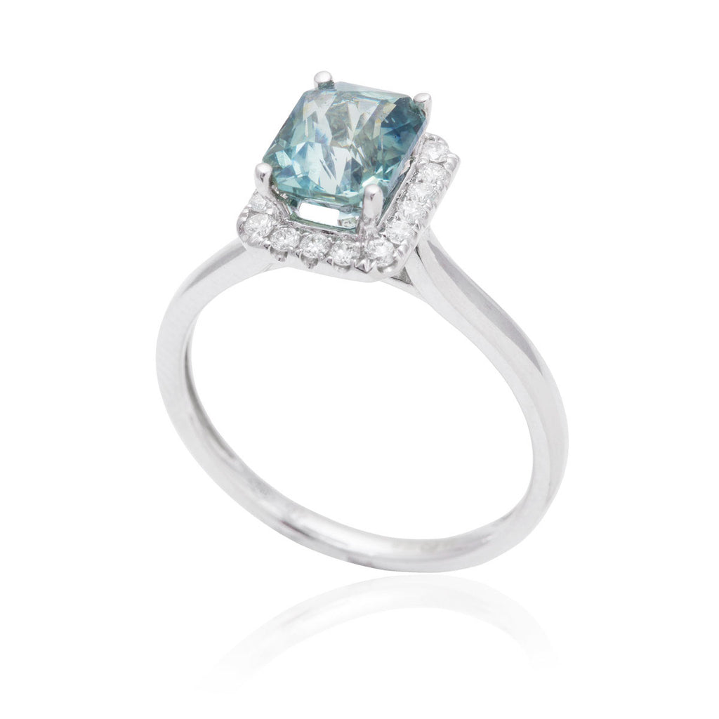 Green Sapphire Halo 18K White Gold Ring