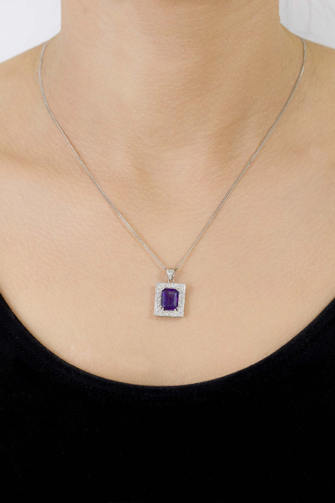 Amethyst and Diamond Square 18K White Gold Pendant