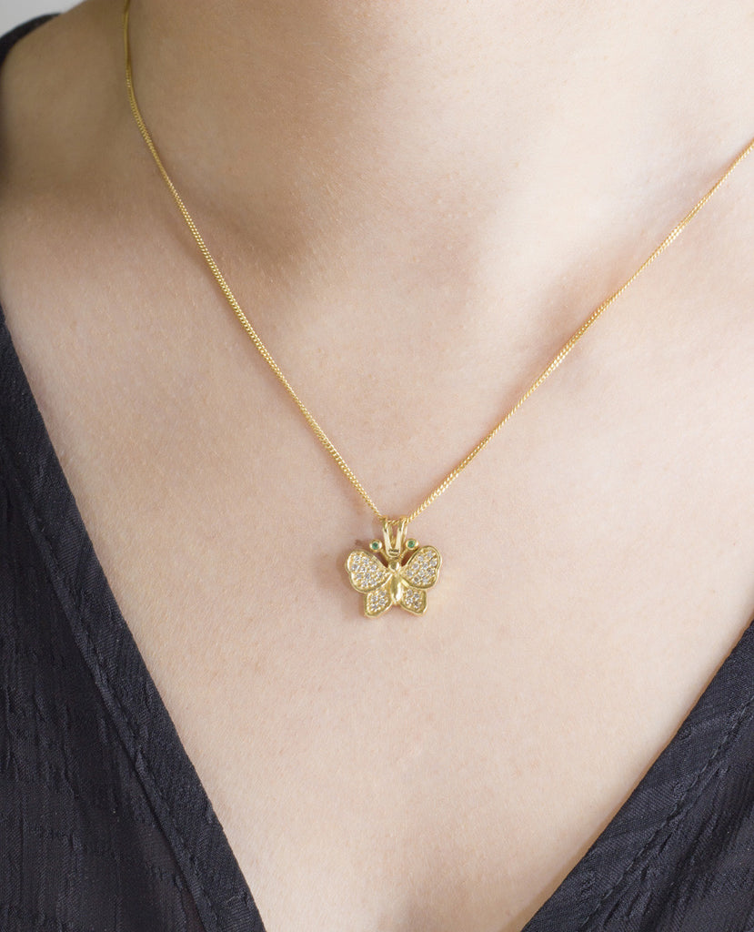 Diamond and Emerald Butterfly 18K Yellow Gold Pendant