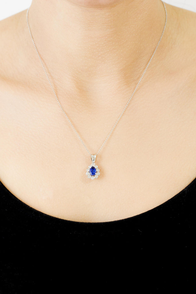 Pear Shape Blue Sapphire and Diamond 18K White Gold Pendant