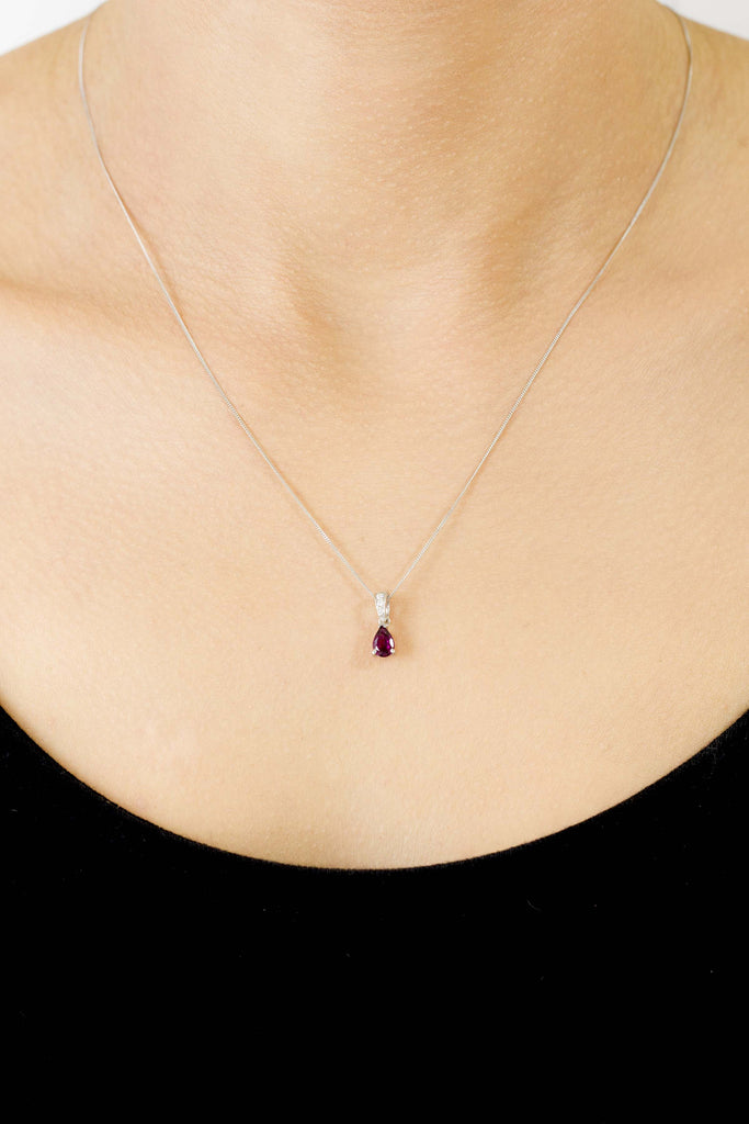 Pear Shape Almandine Garnet and Diamond 18K White Gold Pendant