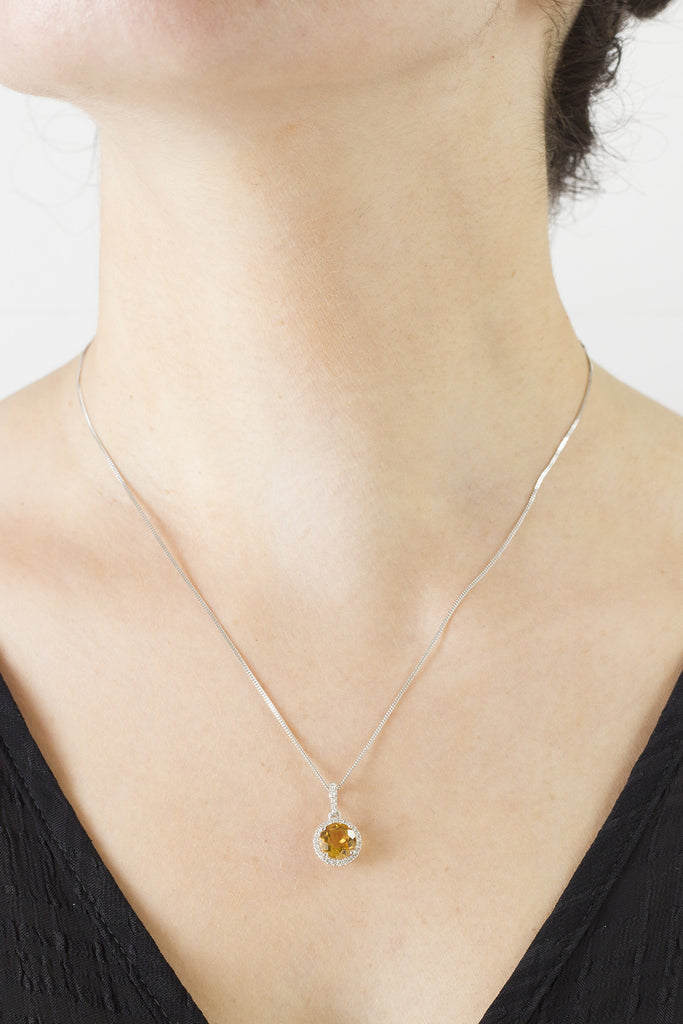 Citrine and Diamond Halo 18K White Gold Pendant