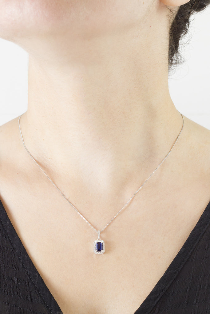Emerald Cut Blue Sapphire and Diamond 18K White Gold Pendant