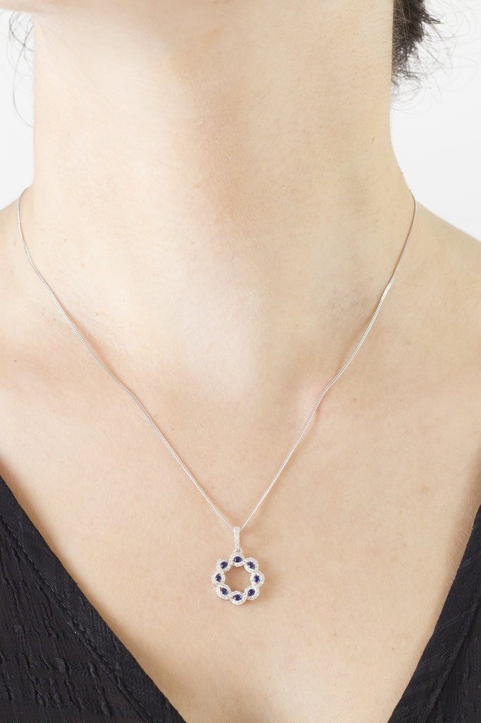 Blue Sapphire and Diamond Fancy 18K White Gold Pendant