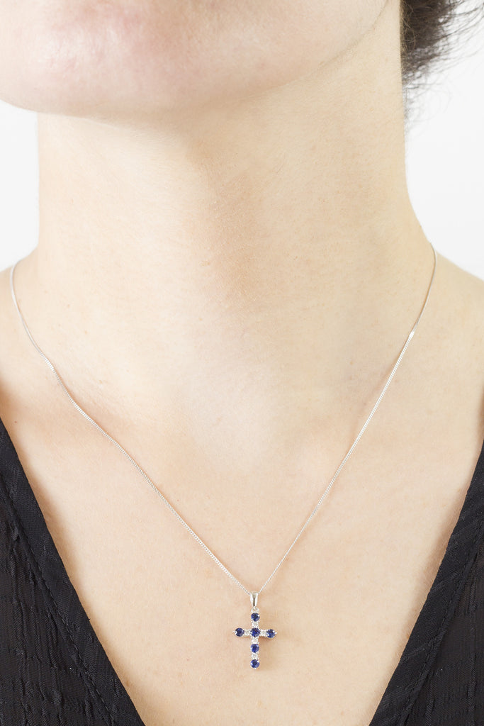 Blue Sapphire and Diamond Cross 18K White Gold Pendant