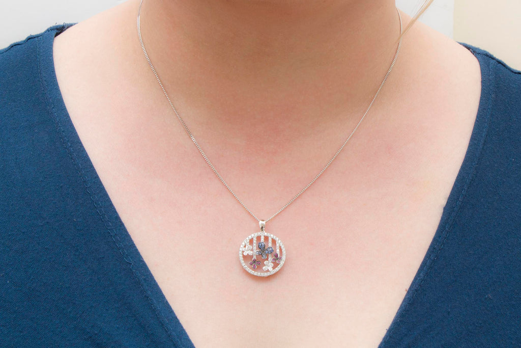 Butterfly Diamond & Sapphire & Ruby 18K White Gold Pendant