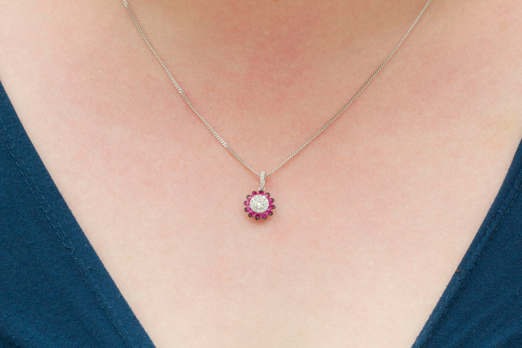 Flower Shaped Diamond & Ruby 18K White Gold Pendant