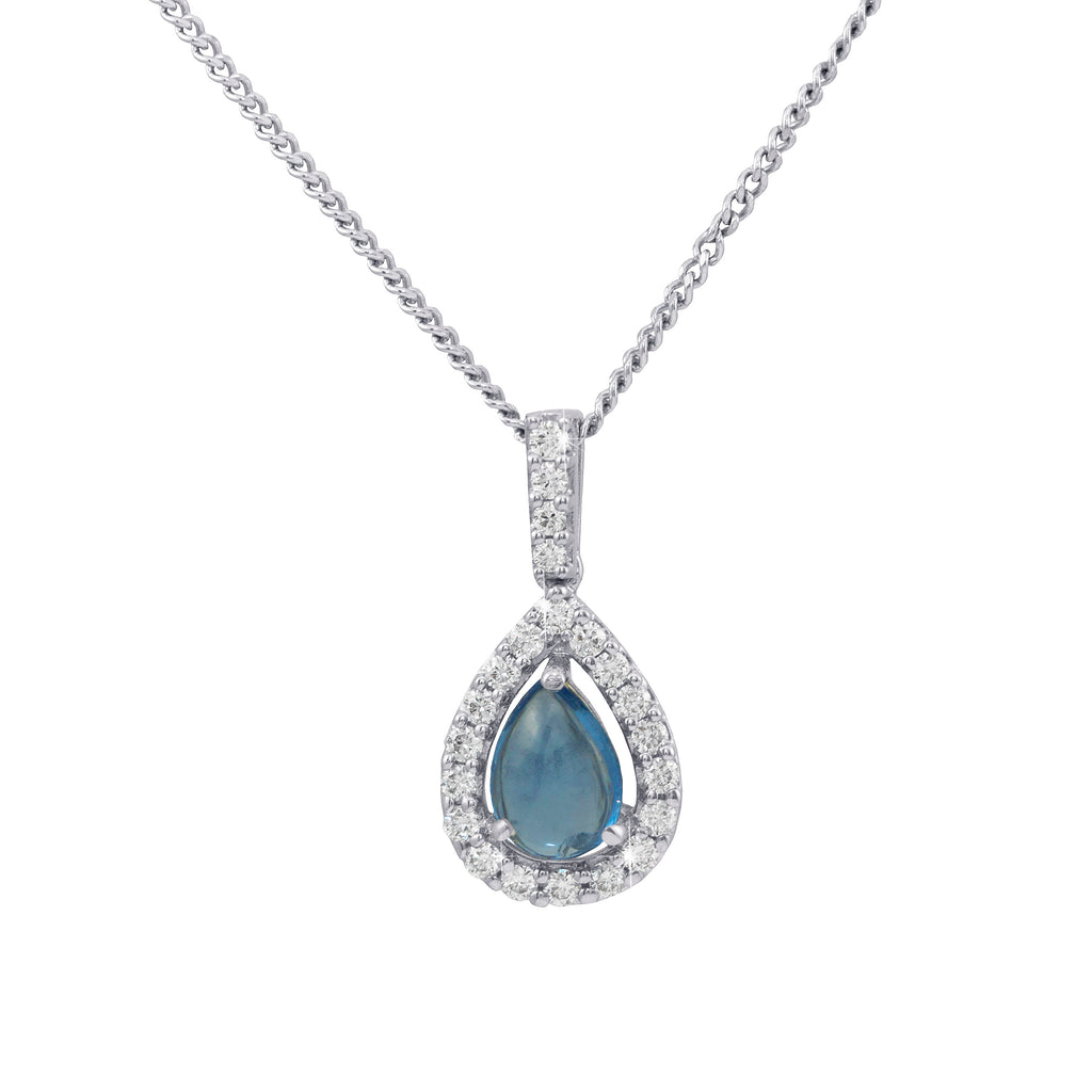 Pear Cut Aquamarine and Diamond Halo 18K White Gold Pendant