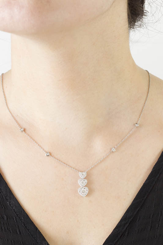 Three Tier Heart Diamond 18K White Gold Necklace