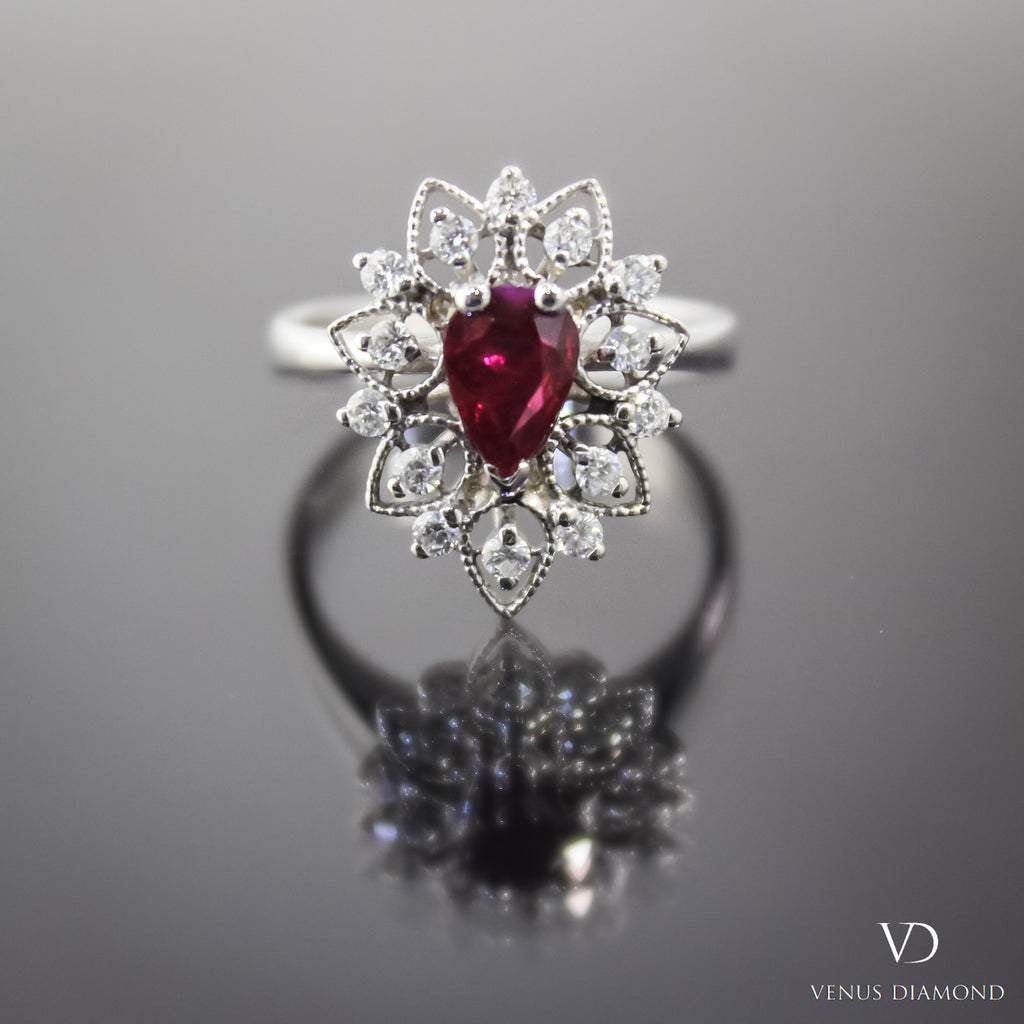 18k White Gold Pear Shape Ruby & Diamond Ruby Ring