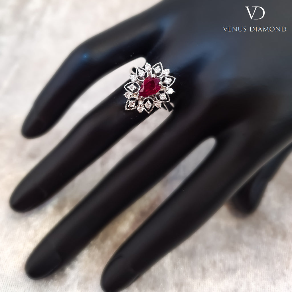18k White Gold Pear Shape Ruby & Diamond Ruby Ring