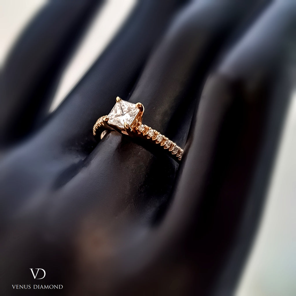 18k Rose Gold Princess Cut Diamond Ring on Diamond Shank