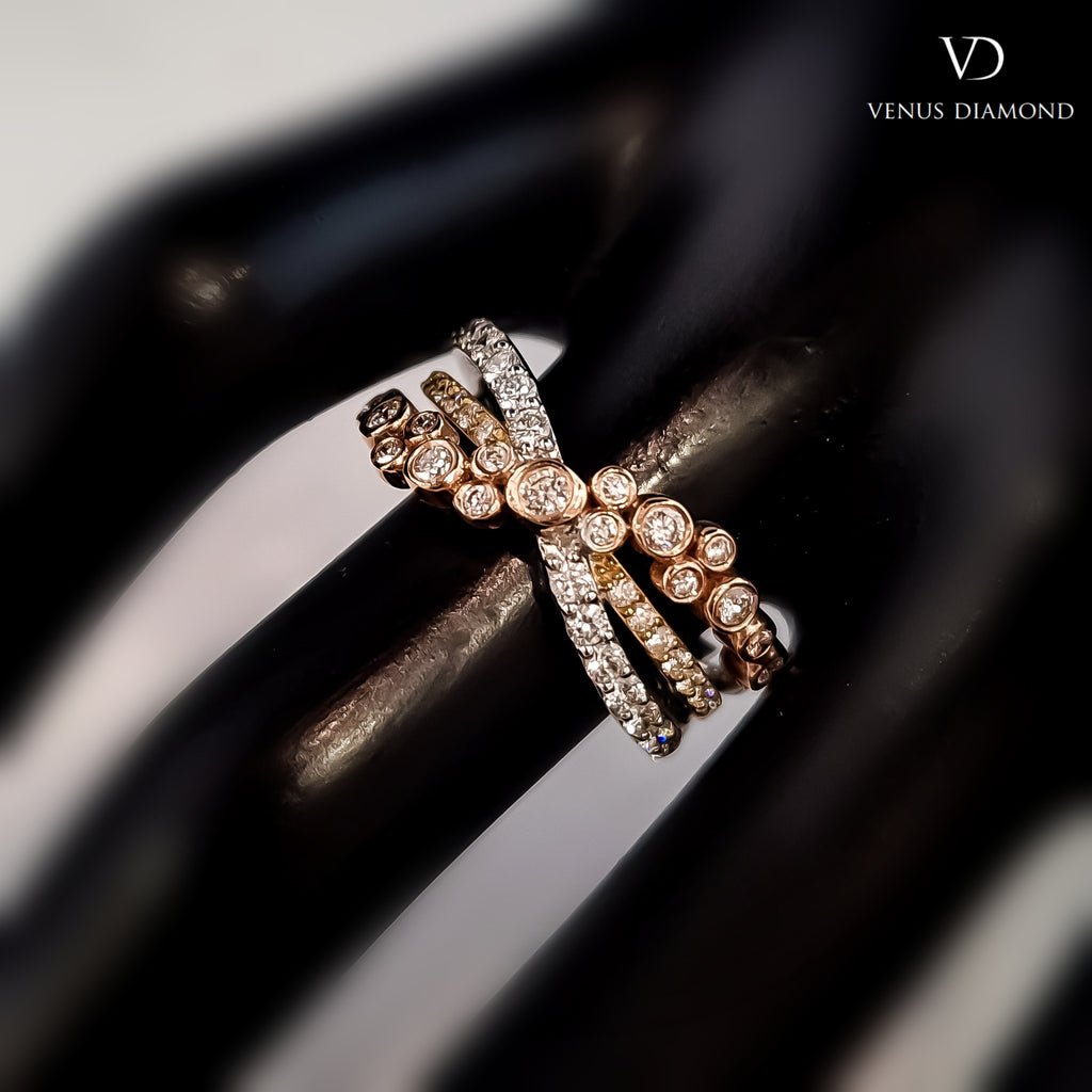 18k Three Colour Gold Diamond Ring with Cross-Over Design
