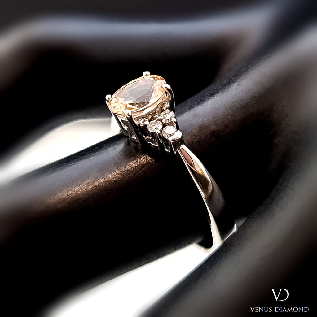 18k White Gold Peach Sapphire and Diamond Ring