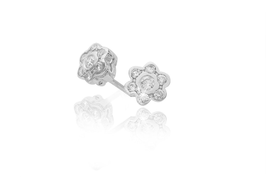 Rub Over Diamond Cluster 18K White Gold Stud Earrings