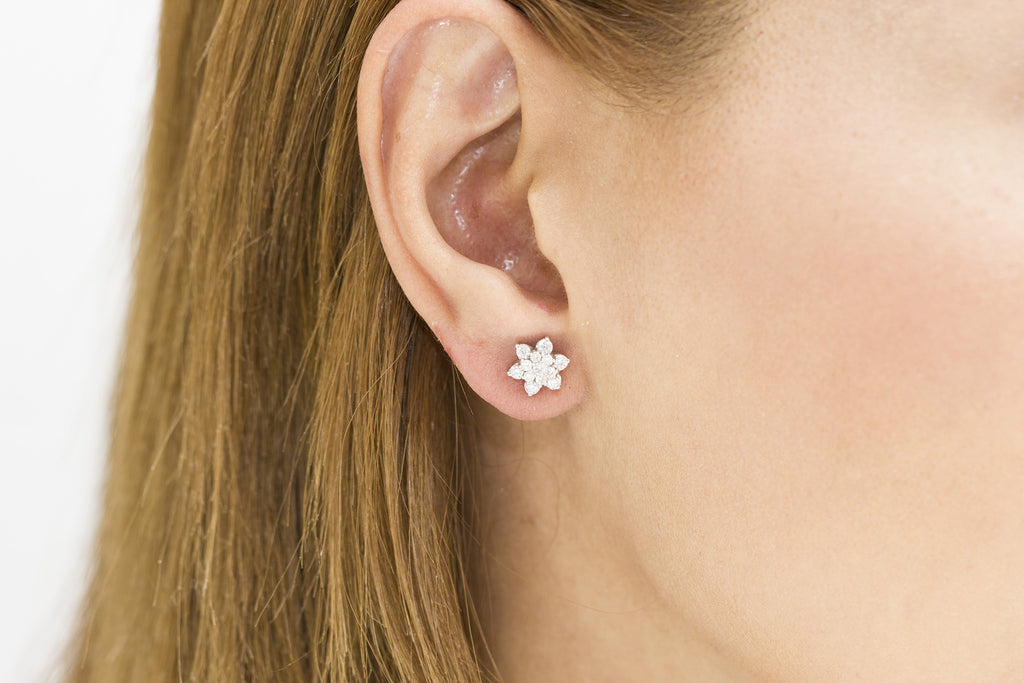 Multi Stone Diamond Flower 18K White Gold Stud Earrings