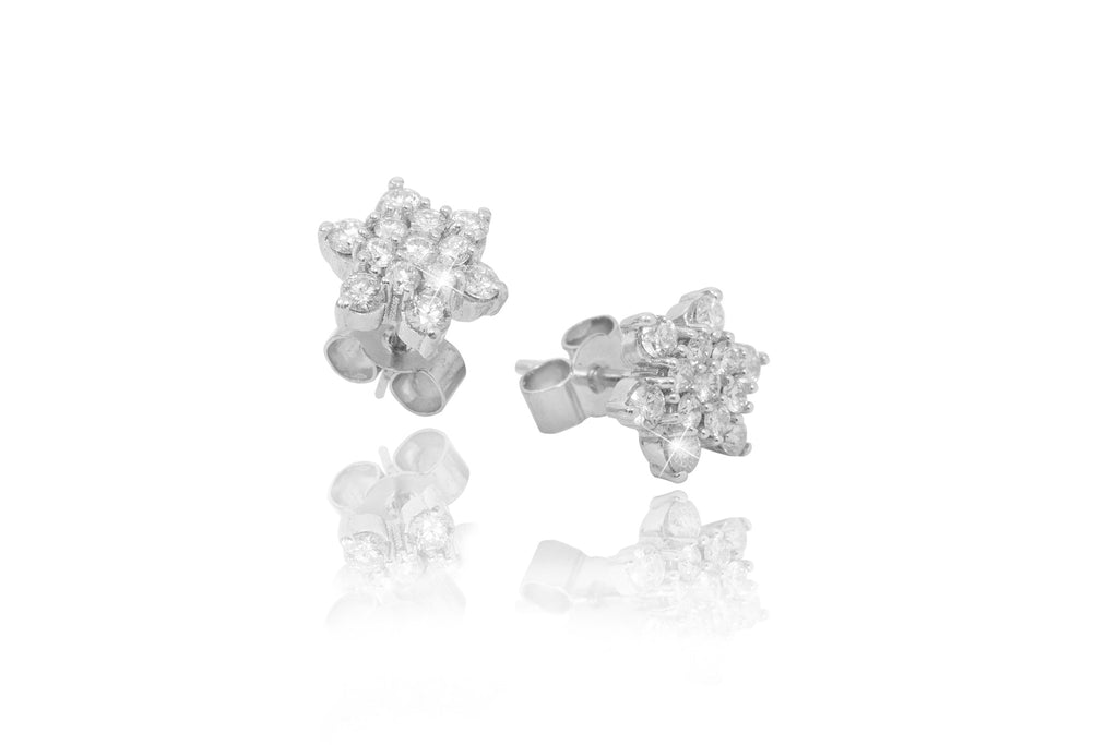 Multi Stone Diamond Flower 18K White Gold Stud Earrings