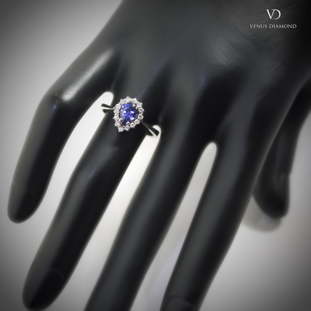 18k White Gold Diamond and Pear Cut Sapphire Cluster Ring
