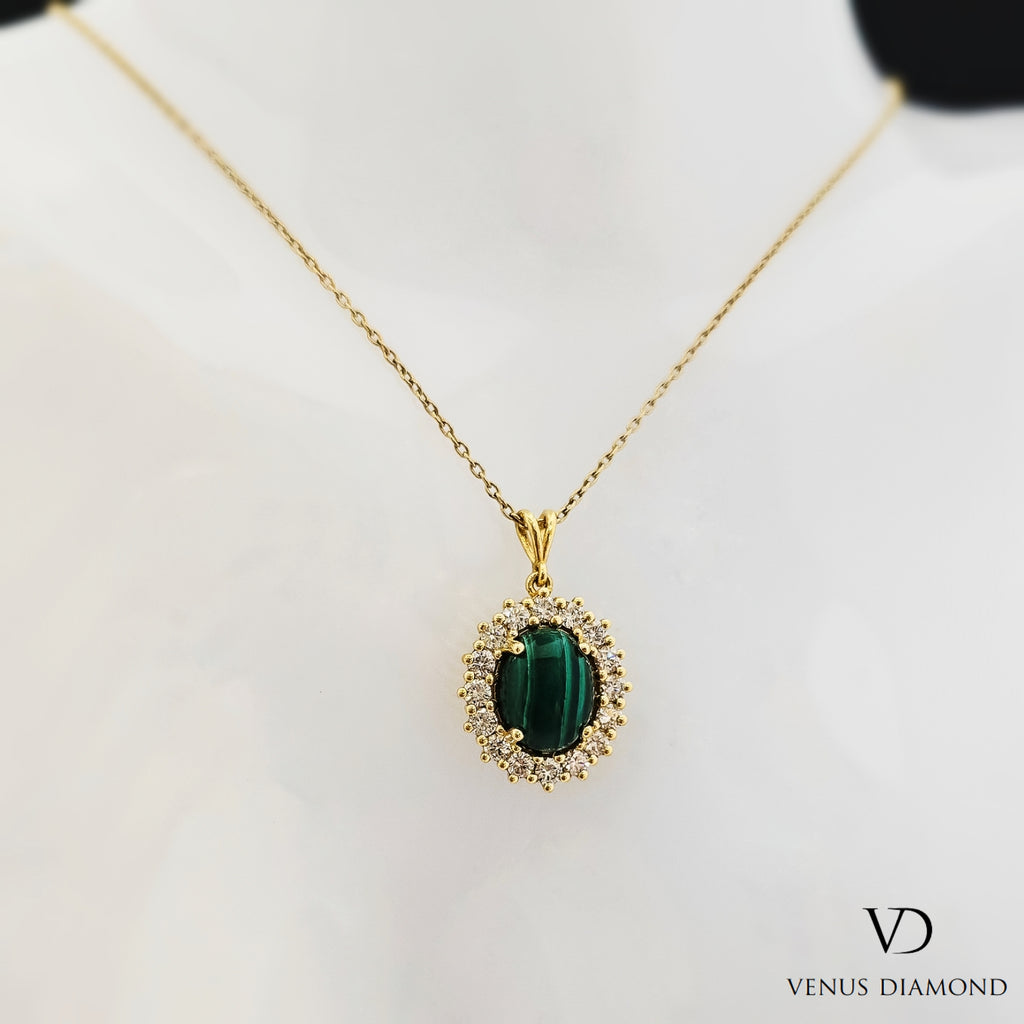 18k Yellow Gold Malachite Diamond Cluster Pendant