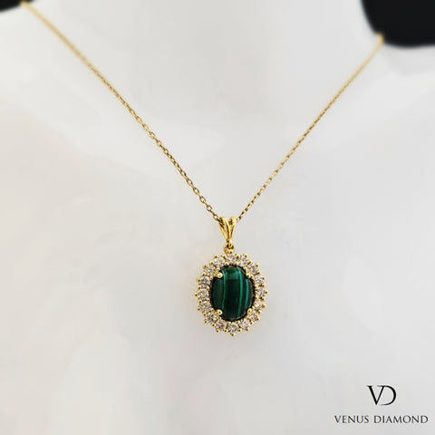 18k Yellow Gold Malachite Diamond Cluster Pendant