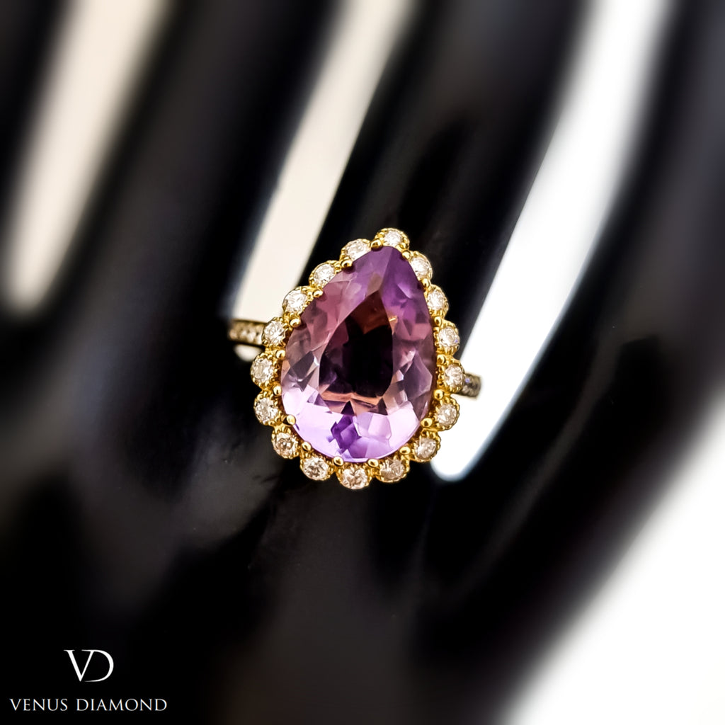 18k Yellow Gold Diamond and Amethyst Cluster Ring